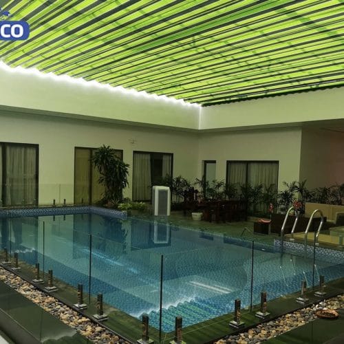 mái xếp lượn sóng che hồ bơi